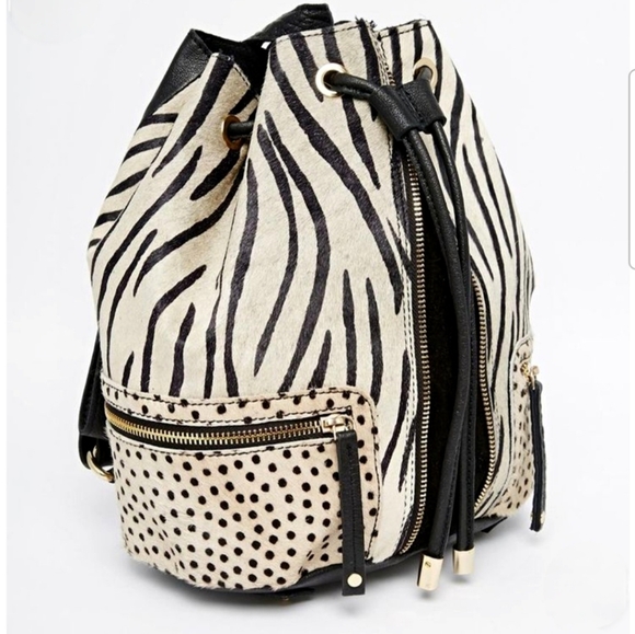 River Island Handbags - River Island Mini Backpack Black Cream Leather Cowhide Animal Zebra Bag Women's